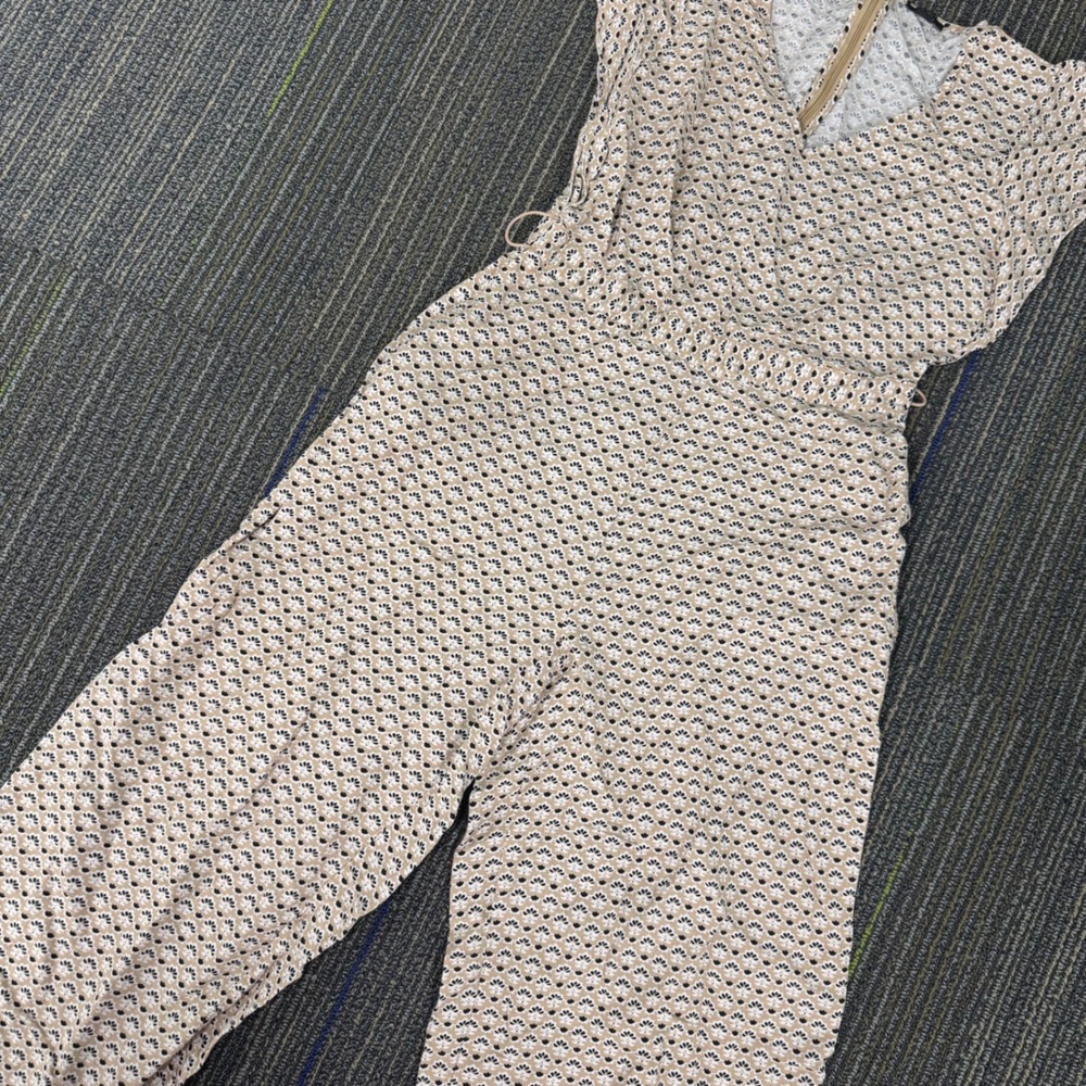 Ann Taylor Factory Jumpsuit Women 4P Tan Black Floral Excellent Wide Leg Boho